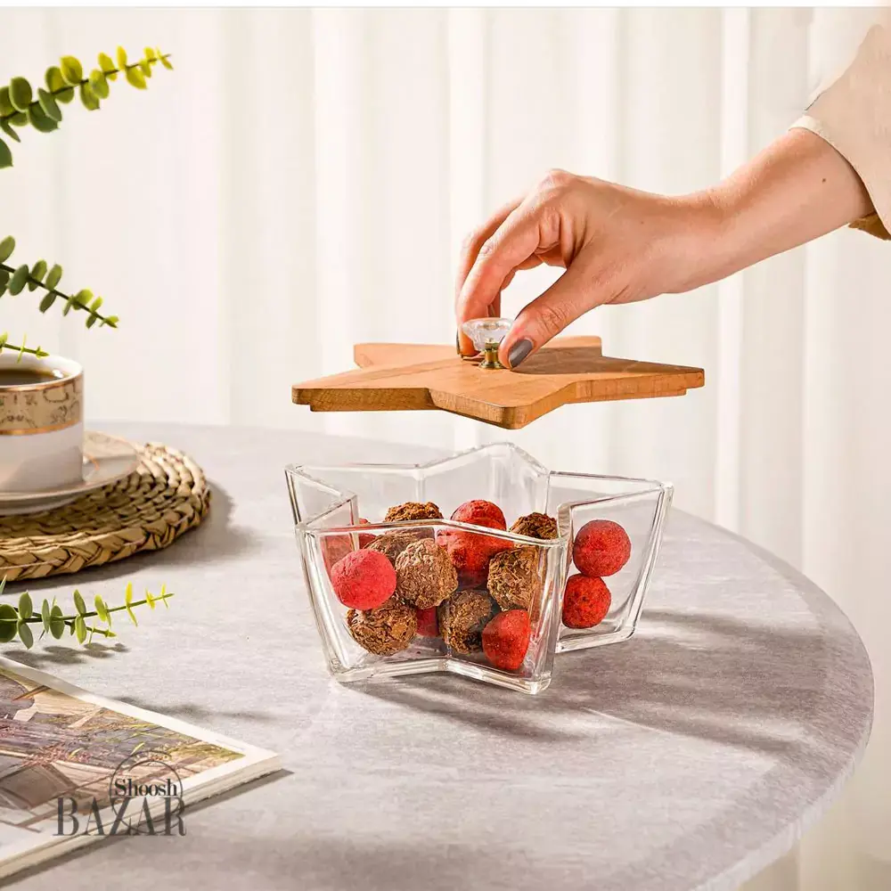 شکلات خوری شیشه ای ستاره ای درب چوبی
